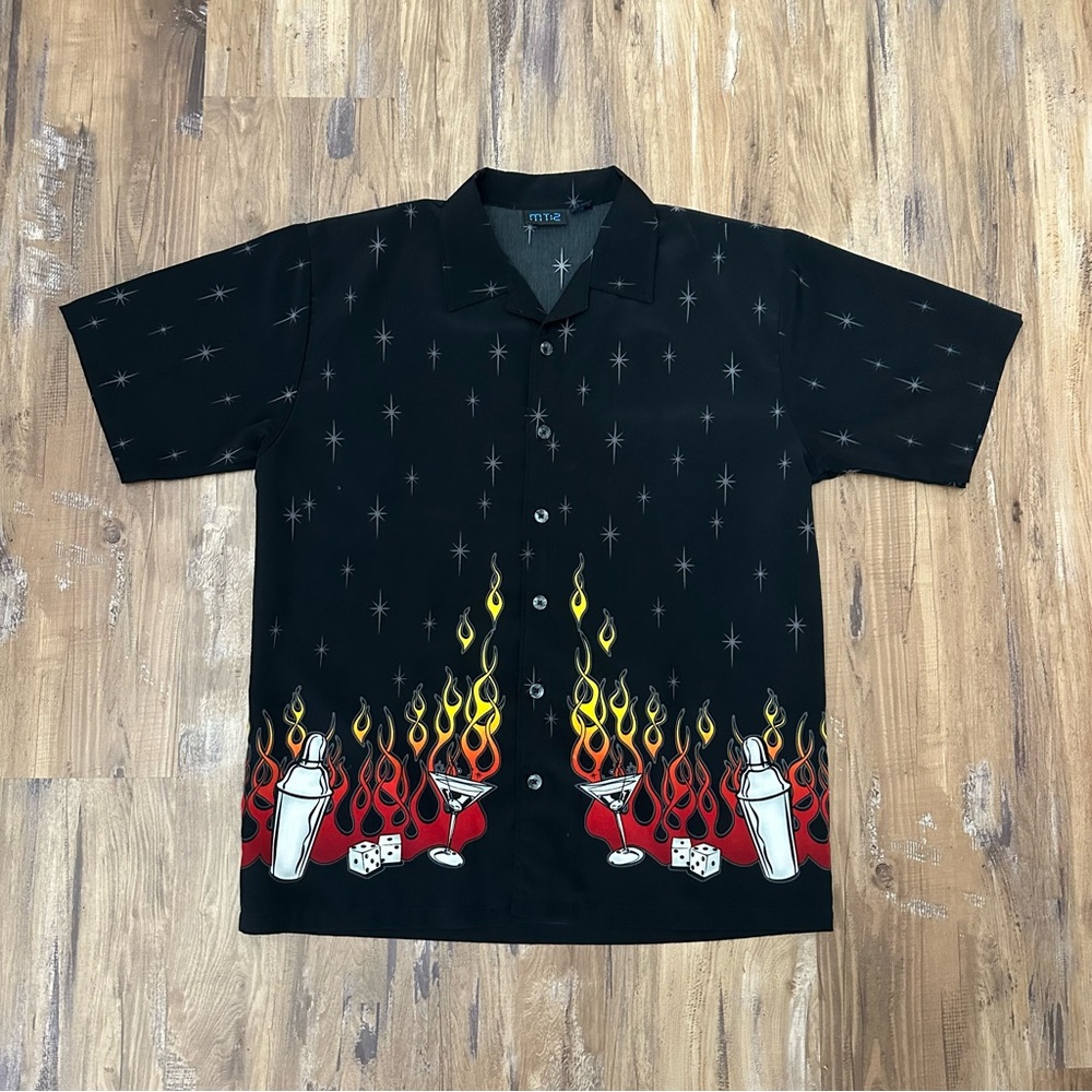 VTG Y2K 90s Black Flame Cocktail Bartender Bowler Button Up Party Shirt
